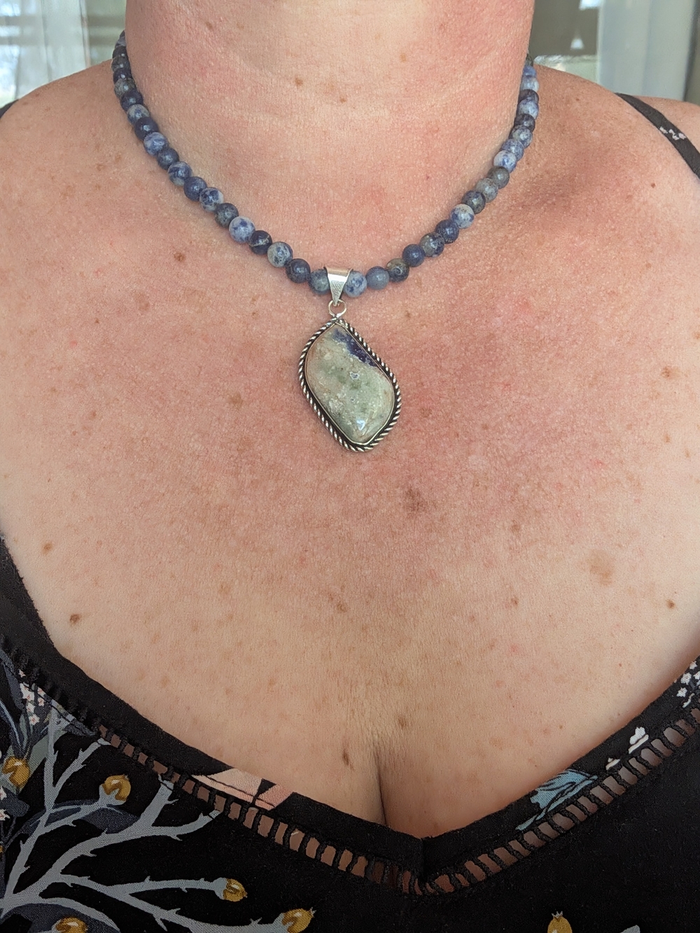 Blue Beaded Sodalite Necklace with Stone Pendant